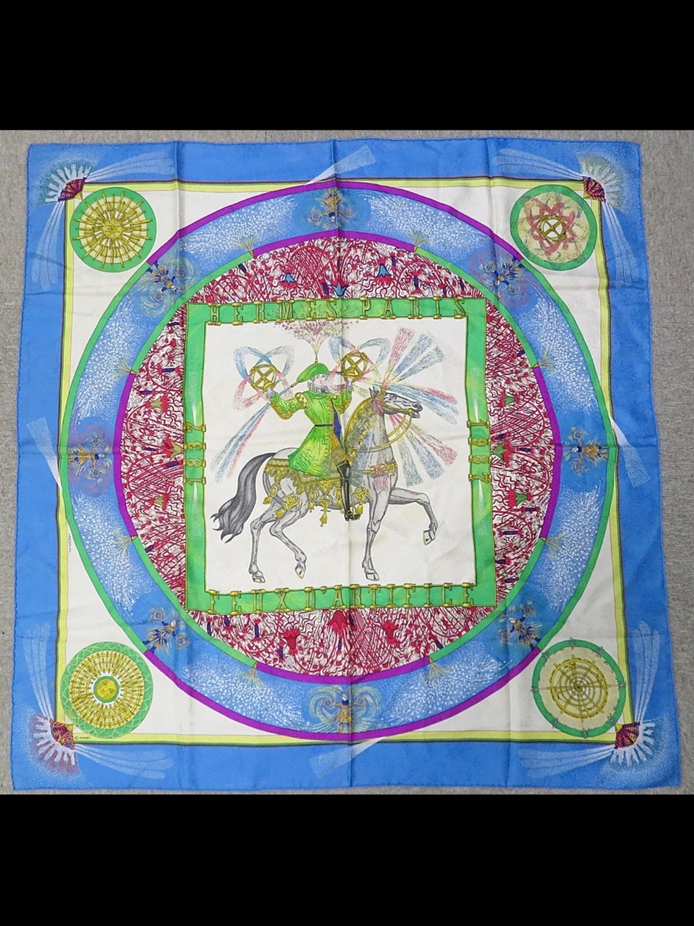Hermes Silk Scarf in Blue, Green, Pink, Cream